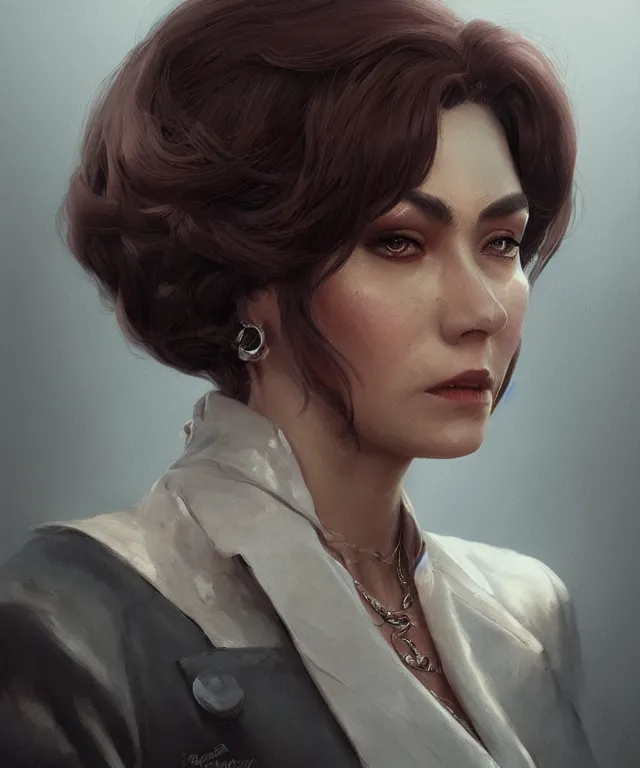 Prompt: Portrait of a female Mafia boss from 1960s, highly detailed, digital painting, artstation, concept art, smooth, sharp focus, illustration by Artgerm and Greg Rutkowski and Tom Bagshaw