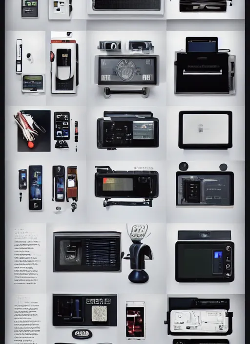 Prompt: electronics catalogue pages, hyper-detailed futuristic gadgets designed by Syd Mead, Jony Ive and Dieter Rams