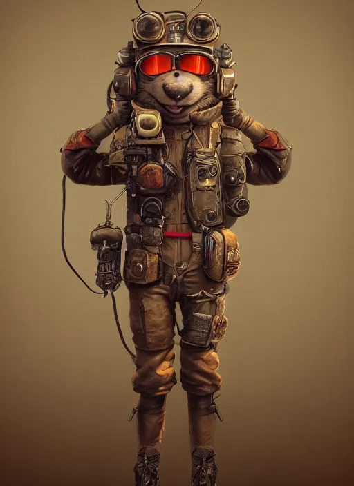 Prompt: detailed full body concept art illustration matte painting of an anthropomorphic mouse pilot in full intricate pilot clothing, ultra detailed, digital art, octane render, 4K, dystopian, micro details