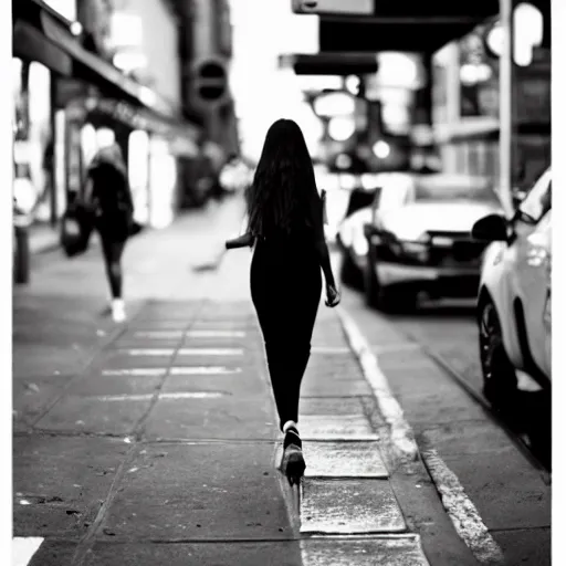 Image similar to a brunette girl, in her twenties, very long hair, dressed casually, walking from behind in the streets of new york, city lights, smoke, cinematic