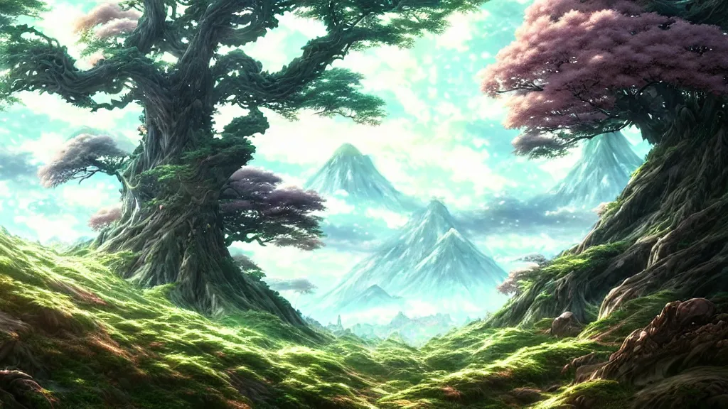 Image similar to anime forest landscape, intricate details, fantasy, elegant, highly detailed, digital painting, artstation, concept art, smooth, sharp focus, illustration, wide angle, artbook, splash art, promo art, soul calibur, league of legends, art by artgerm and greg rutkowski and bo chen and jin xiaodi