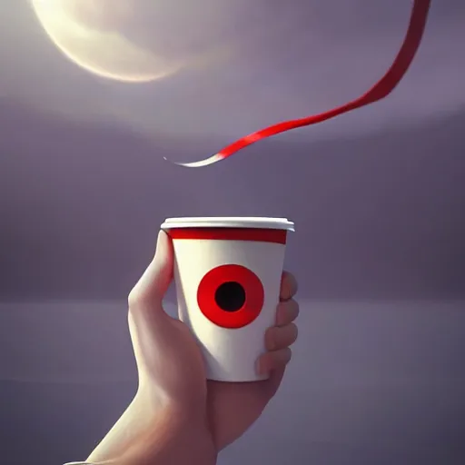 Prompt: white paper cup with red strip ring as a cartoon character!!!, hyperrealistic, highly detailed, cinematic, volumetric sunlight, beautiful, cgssociety, artstation, 8 k, oil painting by greg rutkowski, by artgerm, by wlop