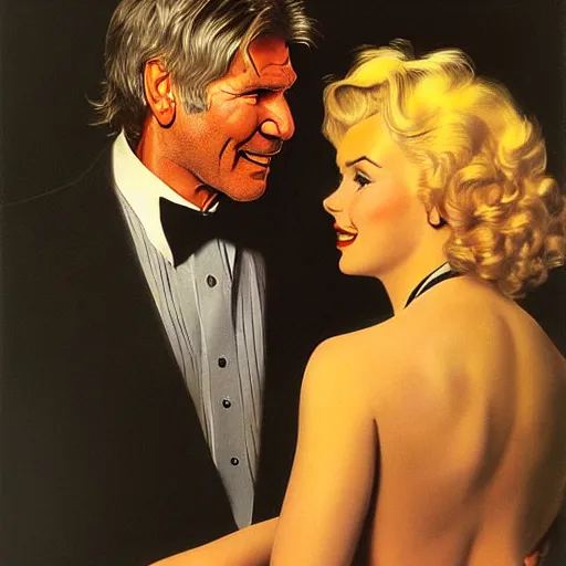 Prompt: a beautiful portrait of Harrison ford and his secretary Marilyn Monroe with long golden blond curly hair gazing warmly at the viewer, golden hour, cool tones, pale skin, by J.C Leyendecker and Norman Rockwell