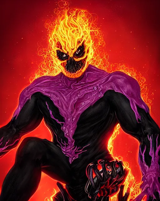 Image similar to ghost rider symbiote, purple and red variant, dynamic lighting, fantasy concept art, trending on art station, stunning visuals, creative, cinematic, ultra detailed, comic strip style