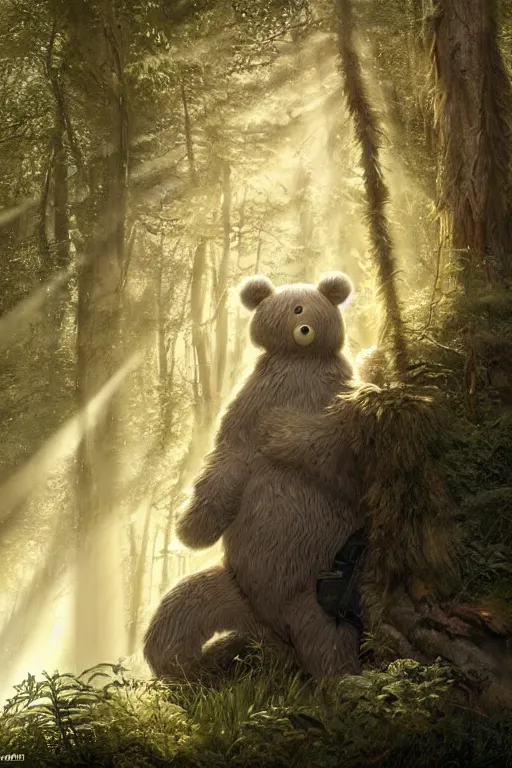 Image similar to mean fluffy teddybear protecting girl in a forest with rays of light coming through the canopy, masterpiece, dystopian, sci-fi, extremely detailed, digital painting, sculpted in zbrush, artstation, concept art, smooth, sharp focus, illustration, chiaroscuro lighting, golden ratio, incredible art, artgerm, greg rutkowski, alphonse mucha, simon stalenhag, carravaggio