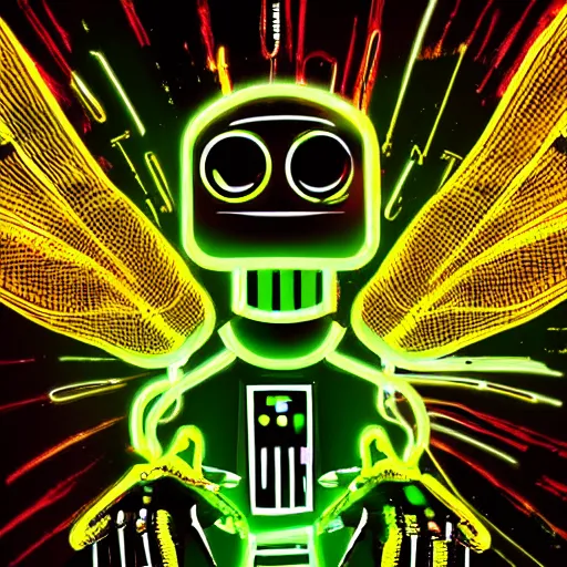 Image similar to A hd paint of a robot Dj playing his mixer in a rave with a lot of dragonflies around him. Epic art, masterpiece, neon dragonfly, lights