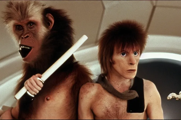 Prompt: scene from Stanley Kubrick\'s 2001: A Space Odyssey, ziggy stardust hitting a chimpanzee with a bone club, amazing cinematography