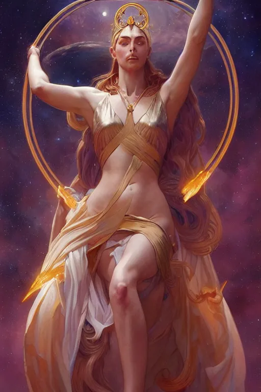 Image similar to goddess of space and time, accurate anatomy, only two hands, highly detailed, digital painting, artstation, concept art, smooth, sharp focus, illustration, Unreal Engine 5, 8K, art by artgerm and greg rutkowski and alphonse Mucha