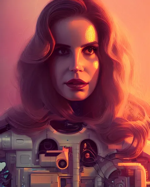 Image similar to portrait of lana del rey as a cyborg. intricate abstract. intricate artwork. by tooth wu, wlop, beeple, dan mumford. octane render, trending on artstation, greg rutkowski very coherent symmetrical artwork. cinematic, hyper realism, high detail, octane render, 8 k, iridescent accents