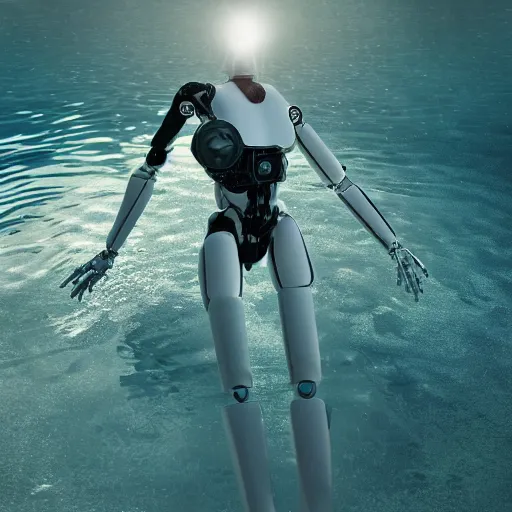 Image similar to beautiful centered fine art photo portrait of hoyeon jung as a solarpunk robotic humanoid treading above water, white mechanical parts with led lights, ultra - realistic and detailed, white background, sun lighting, soft focus, slow exposure hdr 8 k