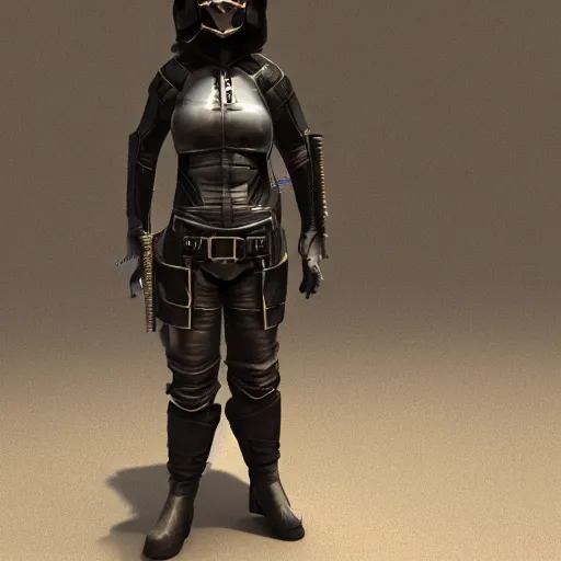 Prompt: leather rogue armor worn by a female cyberpunk criminal lurking in the shadows of an underground city, 3D render, concept art