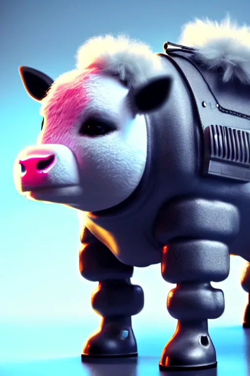 Image similar to high quality 3 d render very cute fluffy! cyborg cow plays guitar, cyberpunk highly detailed, unreal engine cinematic smooth, in the style of blade runner & detective pikachu, hannah yata charlie immer, moody light, low angle, uhd 8 k, sharp focus