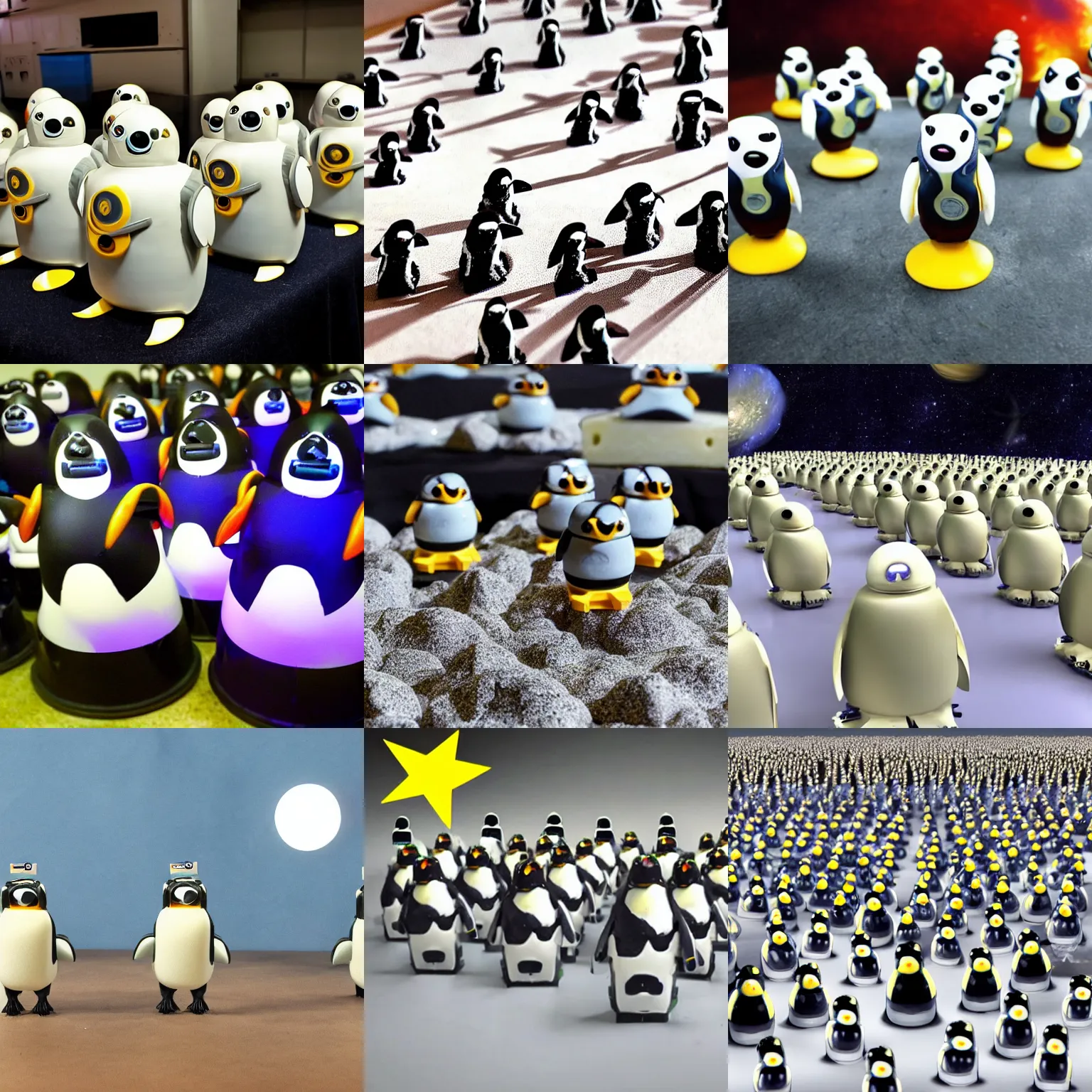 Prompt: army of robotic space penguins, on planet, standing on cheese, invasion, hyper-realistic