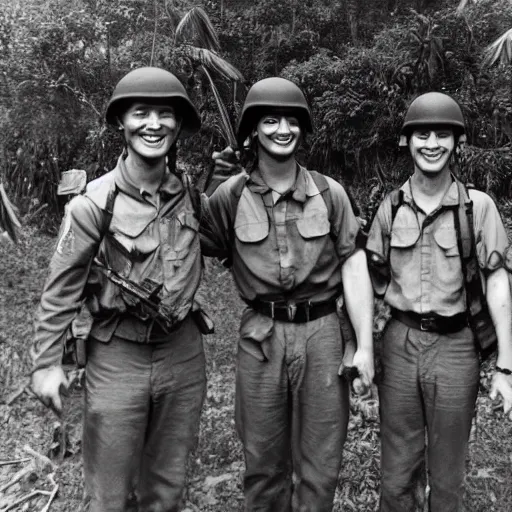 Prompt: Four American Soldiers smiling and posing for a photograph, Vietnam War, Jungle, Artillery in the background, highly detailed, 4k, old photograph