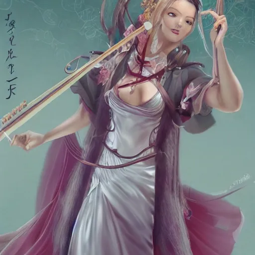 Image similar to beautiful sorceress dressed in a silk dress playing violin inside a japanese mansion, trending on artstation