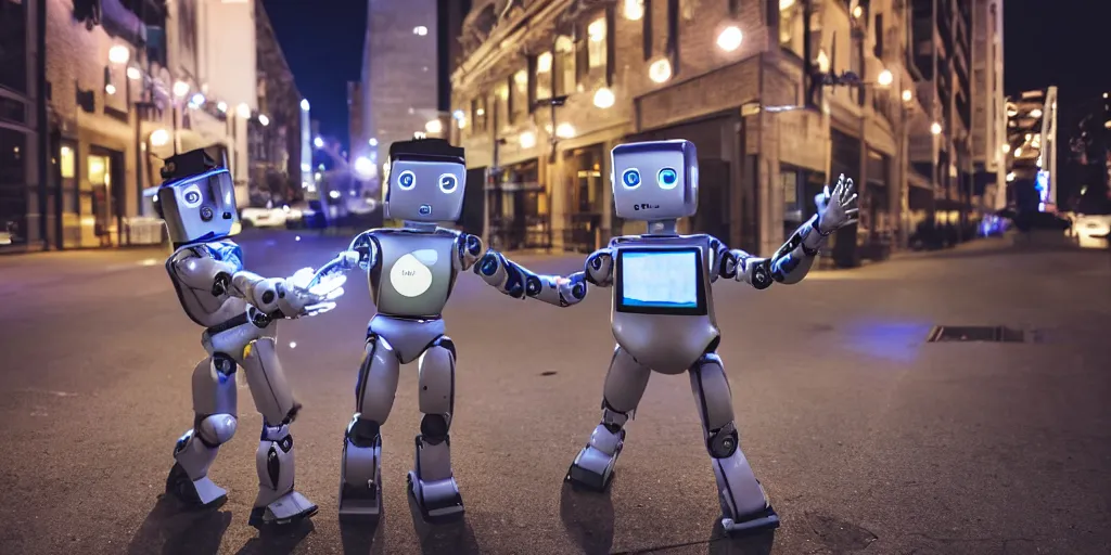 Prompt: two robots high fiving downtown at night