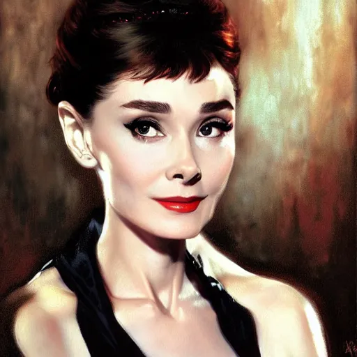 Prompt: detailed realistic cinematic wide shot of beautiful attractive audrey hepburn vampire woman wearing black bath robe slim face symettrical face clean skin black eyes black robe smooth, sharp focus, ultra realistic, spring light, painting by gaston bussiere, craig mullins, j. c. leyendecker