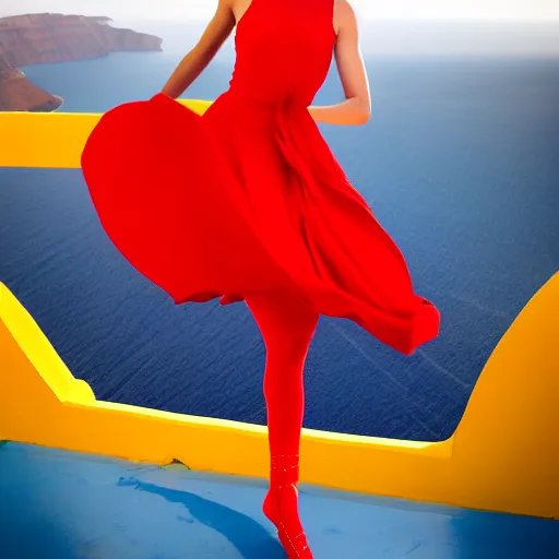 Image similar to beautiful modern dancer wearing a red, yellow, blue swirling dress, standing on a Santorini terrace looking down into the ocean, trending on artstation, cinematic, photorealistic