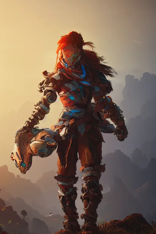 Image similar to combination suit armor aloy horizon forbidden west horizon zero dawn radiating a glowing aura global illumination ray tracing hdr fanart arstation by ian pesty and alena aenami artworks in 4 k tribal robot ninja mask helmet backpack