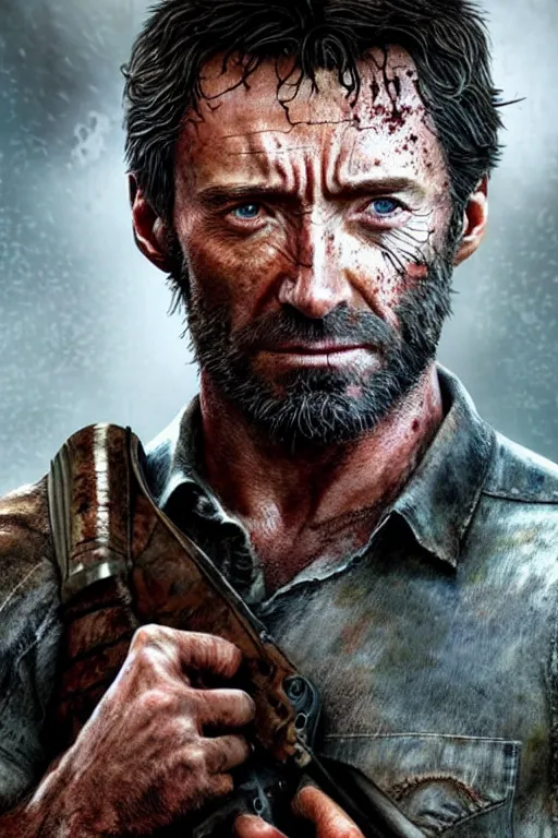 Image similar to realistic photo of Hugh Jackman as Joel in The Last of Us, highly detailed portrait,