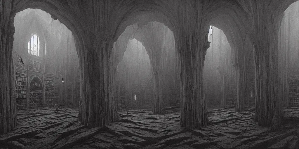 Prompt: dark sinister vampire lair interior by Zdzisław Beksiński, library, adventure game, inspired by Diablo concept art