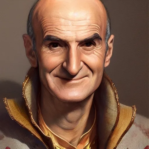 Image similar to smirking male bard, Louis de Funès, portrait, headshot, D&D, fantasy, highly detailed, digital painting, artstation, concept art, sharp focus, illustration, art by artgerm and greg rutkowski and alphonse mucha