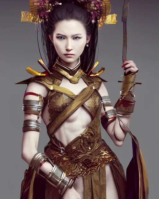 Image similar to full body portrait fashion editorial of beauty charming woman as a warrior godly princess in feudal japan, clear makeup, clean hair, dry skin, clear skin, airbrushed, bright eye makeup, femine warrior body, photo by mario testino, 8k octane render, cinematic, hyper detailed, micro details, insanely detailed, trending on artstation, concept art, Peter Paul Rubens and Peter Mohrbacher style