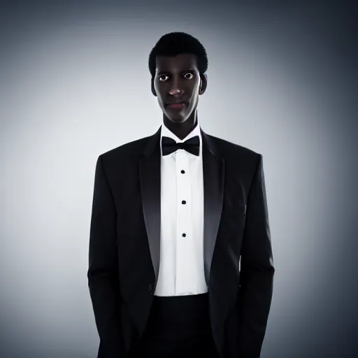 Prompt: A long tall man with white eyes, black skin, and a white suit and tie, National Geographic photography, bokeh, 8K