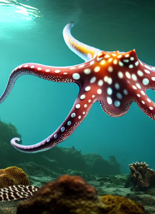 Image similar to realistic detailed image of a white-spotted octopus pointing to three dudes snorkeling at night, cinematic, hyper realism, high detail, octane render, unreal engine, 8k, extremely detailed, 8k.