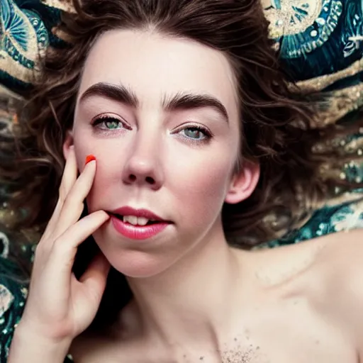 Image similar to stunning photo of dark - haired goddess vanessa kirby smiling, laying back on a pillow, with white tears all over her face, a beautiful closeup, wet lips, perfect eyes, insanely detailed, elegant, by mucha, wlop, rutkowski, livia prima