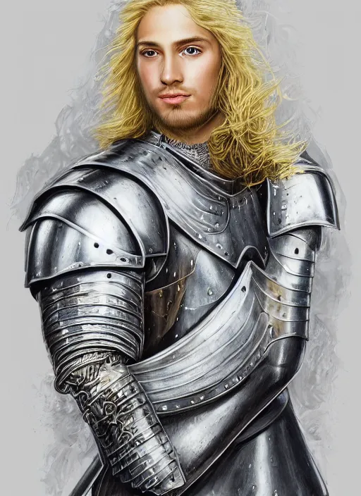 Image similar to oilpainting of a handsome young knight with a beautiful face and clear skin, long blond hair, wearing an intricate and detailed plate armor, no helmet, high resolution, clear image, digital art, studio photo, 4 k, clear lines, artstation, rendition by jan van eyck