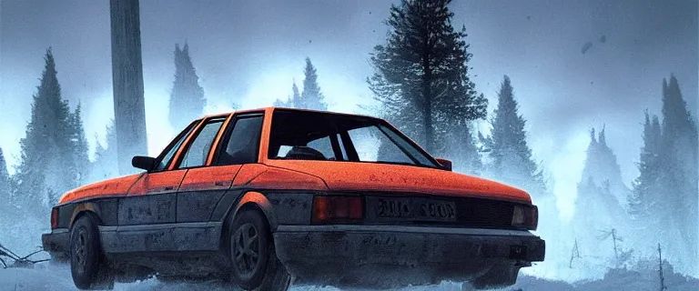 Image similar to Scrap Audi 80 B3 Avant (1988) facing a strider, Half-Life 2: Episode 2 (PC), a post-apocalyptic outland, White Forest, dramatic lighting, cinematic, establishing shot, extremely high detail, photorealistic, cinematic lighting, artstation, by simon stalenhag