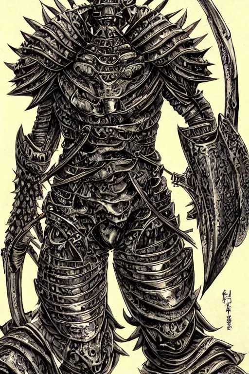 Image similar to human warrior, crab themed armour, crab claws symmetrical, highly detailed, digital art, needles, sharp focus, trending on art station, kentaro miura manga art style