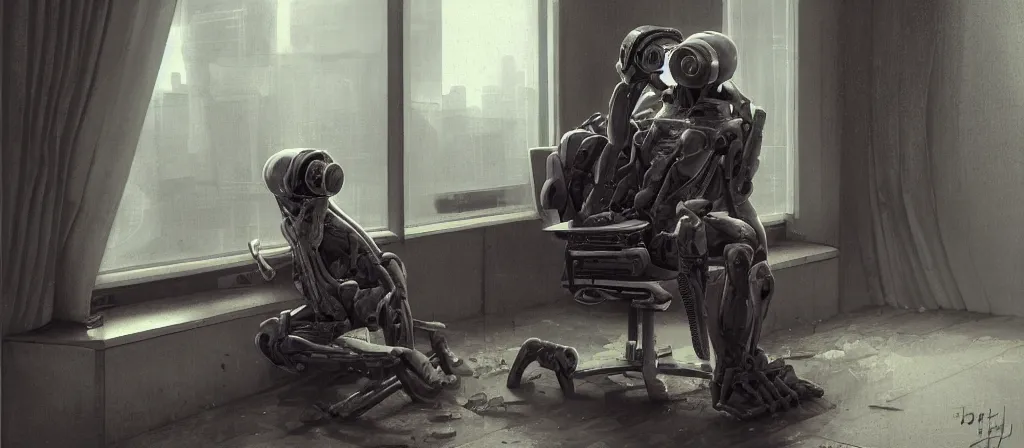 Prompt: human sitting in a chair to get upload by a scan machine to a computer, uploaded, scifi machine, very detailed, award winner on deviantart by geg rutkowski, by madgwick