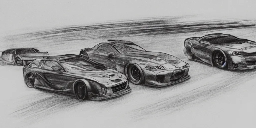 Prompt: a drawing of two cars drag racing in the middle of the night, realism, intense,