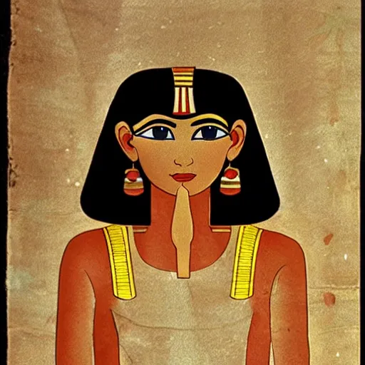 Image similar to an ancient egyptian painting of lain iwakura and a computer