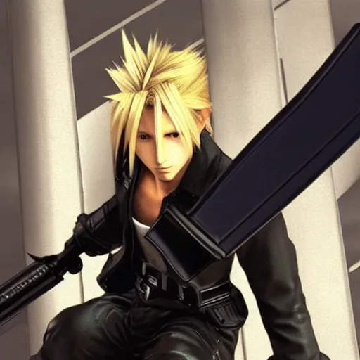 Prompt: Cloud Strife (1997) from Final Fantasy 7, GTA Cover Art, 4k 1080p,