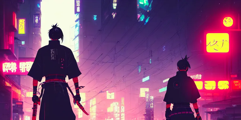 Image similar to digital illustration closeup of cyberpunk samurai in city street at night by makoto shinkai, ilya kuvshinov, lois van baarle, rossdraws, basquiat | afrofuturism, in the style of hearthstone, trending on artstation | cool color scheme