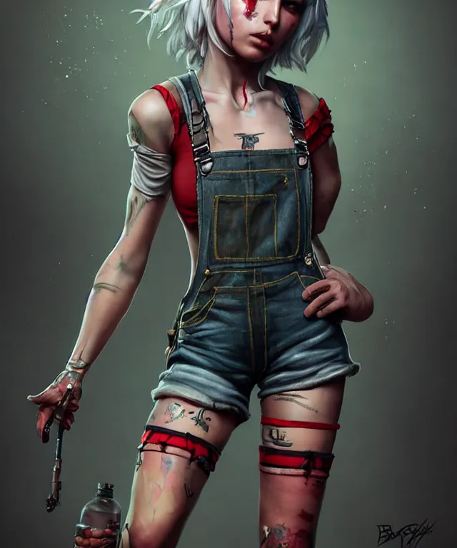 Image similar to full body pose, grungy ciri, torn overalls, short shorts, combat boots, fishnets, beautiful, highly detailed face, true anatomy!, extremely detailed!, digital painting, unreal engine 5, art by tom bagshaw