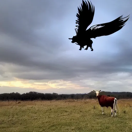 Image similar to a cow with bird wings flying in the sky