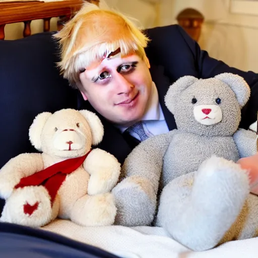 Image similar to boris johnson tucked in bed cuddling a teddy