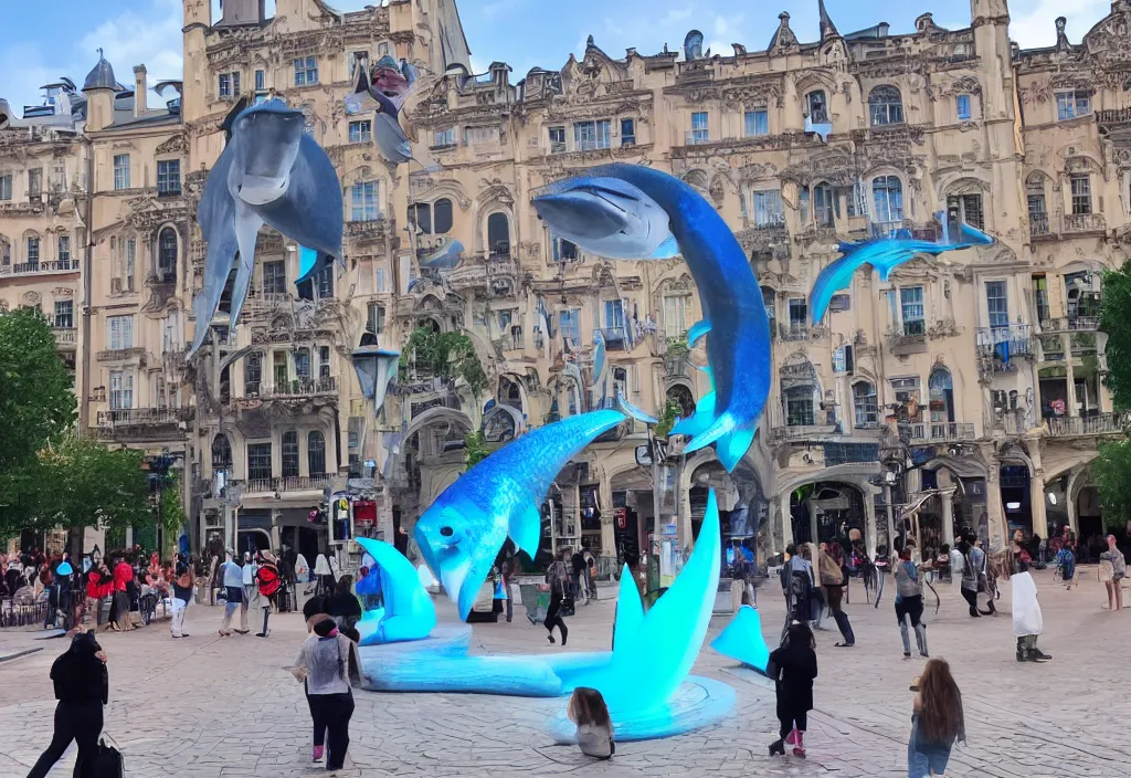 Prompt: 3 d 🦈 popping out of curved screen, town square