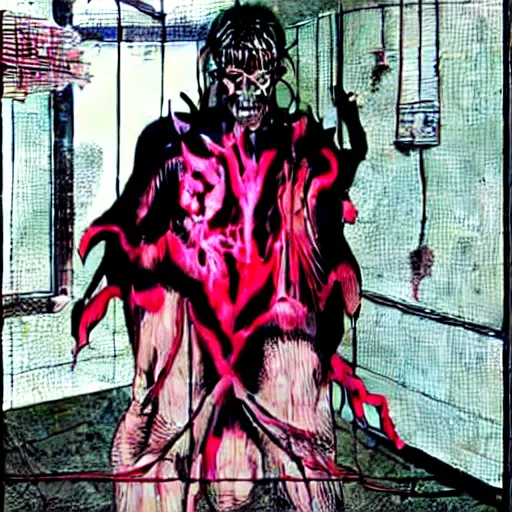 Image similar to el diablo satanas [covered in wires] emerges from my disgusting room in the basement