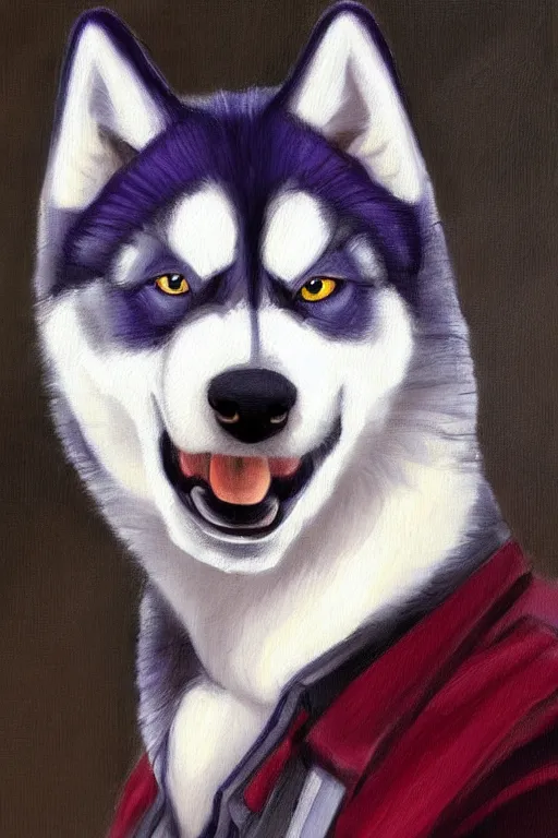 Image similar to a character design of a husky wearing a white vest, portrait painting, furry, anime