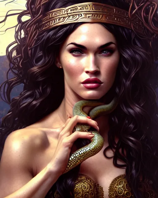 Prompt: portrait of megan fox as medusa, snake hair, serpent hair, greek mythology, intricate, headshot, highly detailed, digital painting, artstation, concept art, sharp focus, cinematic lighting, illustration, art by artgerm and greg rutkowski, alphonse mucha, cgsociety