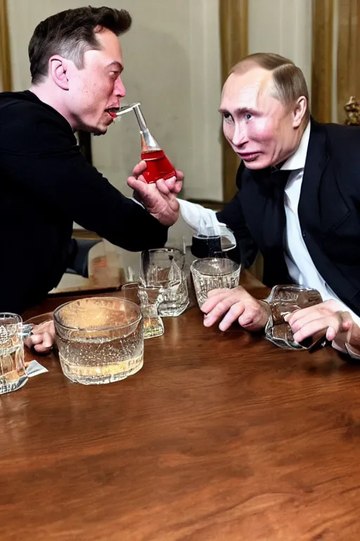 Image similar to detailed photo of elon musk drinking vodka with putin