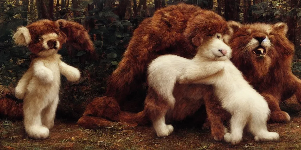 Prompt: 3 d precious moments plush animal, realistic fur, master painter and art style of john william waterhouse and caspar david friedrich and philipp otto runge