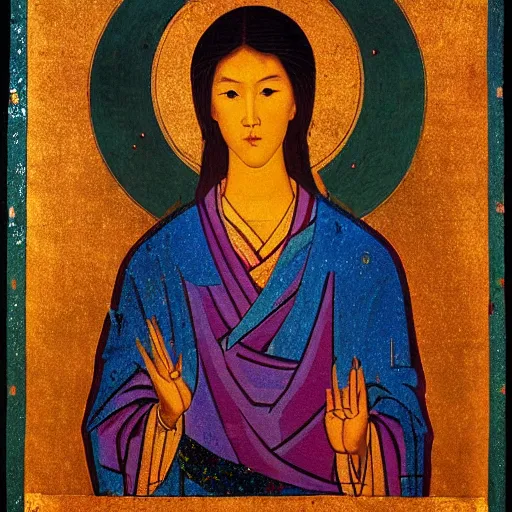 Image similar to portrait of asian looking girl in iconography style andrei rublev glitter