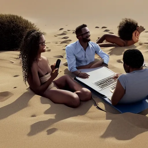 Image similar to group of black people working with macbook sitting on the beach sand, photorealism, ultra detailed, dynamic light