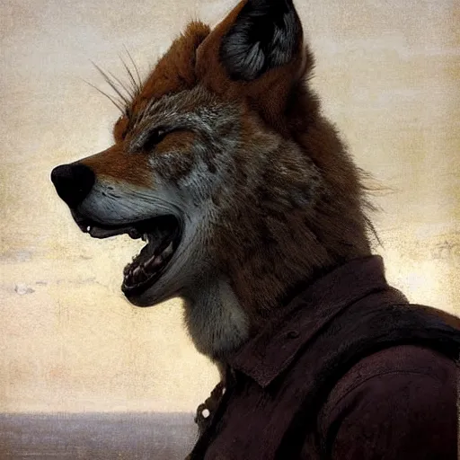 Prompt: portrait of a brawny burly surly coyote head (man) standing in a plain white room digital art by Nerdrum John, William Waterhouse, Winslow Homer, Alex Heywood, Jordan Grimmer, Darren Quach, Greg Rutkowski, Simon Stalenhag, trending on Artstation, CGSociety